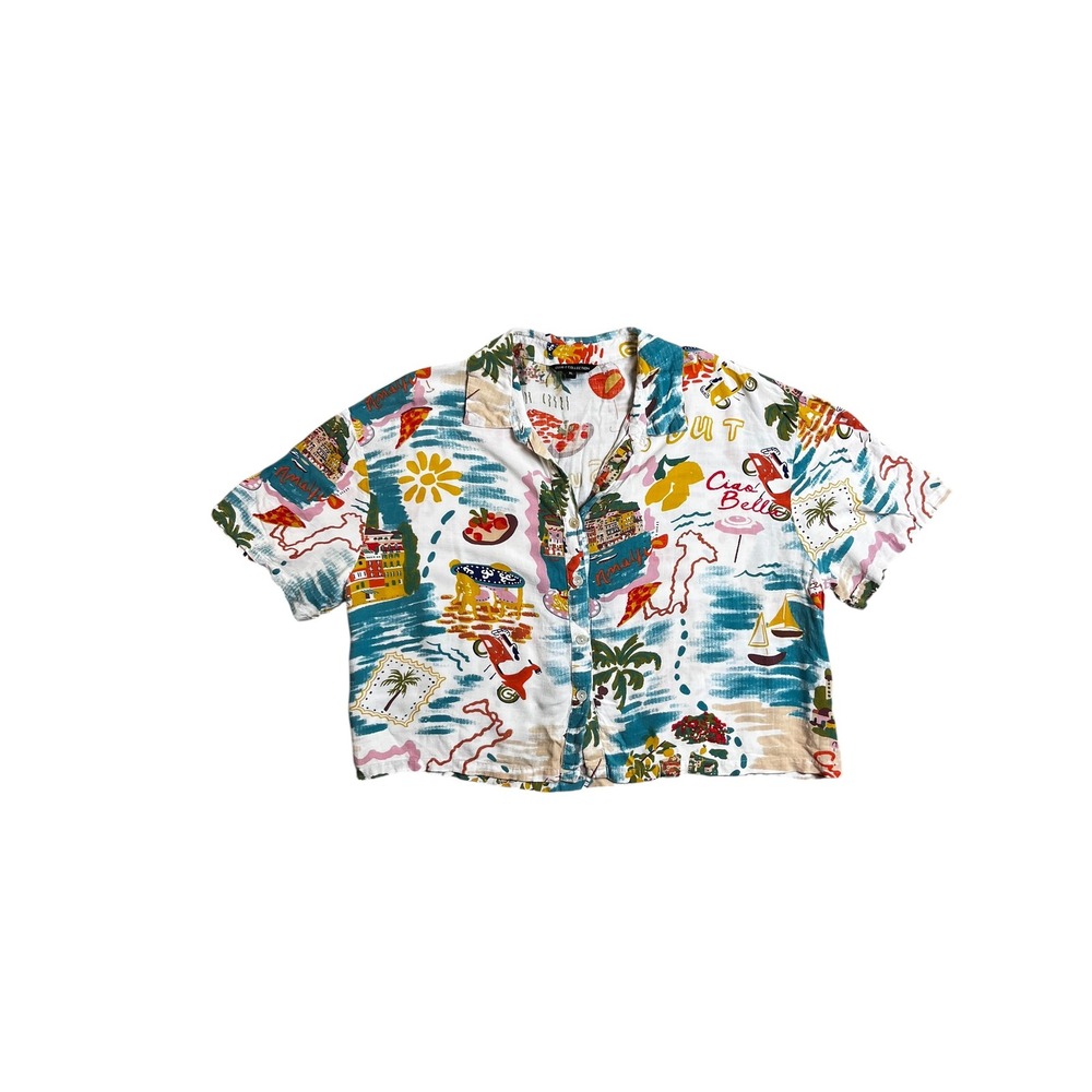 Club Z Collection Amalfi Coast Postcard Print Shirt Cropped Rayon Resortwear XL